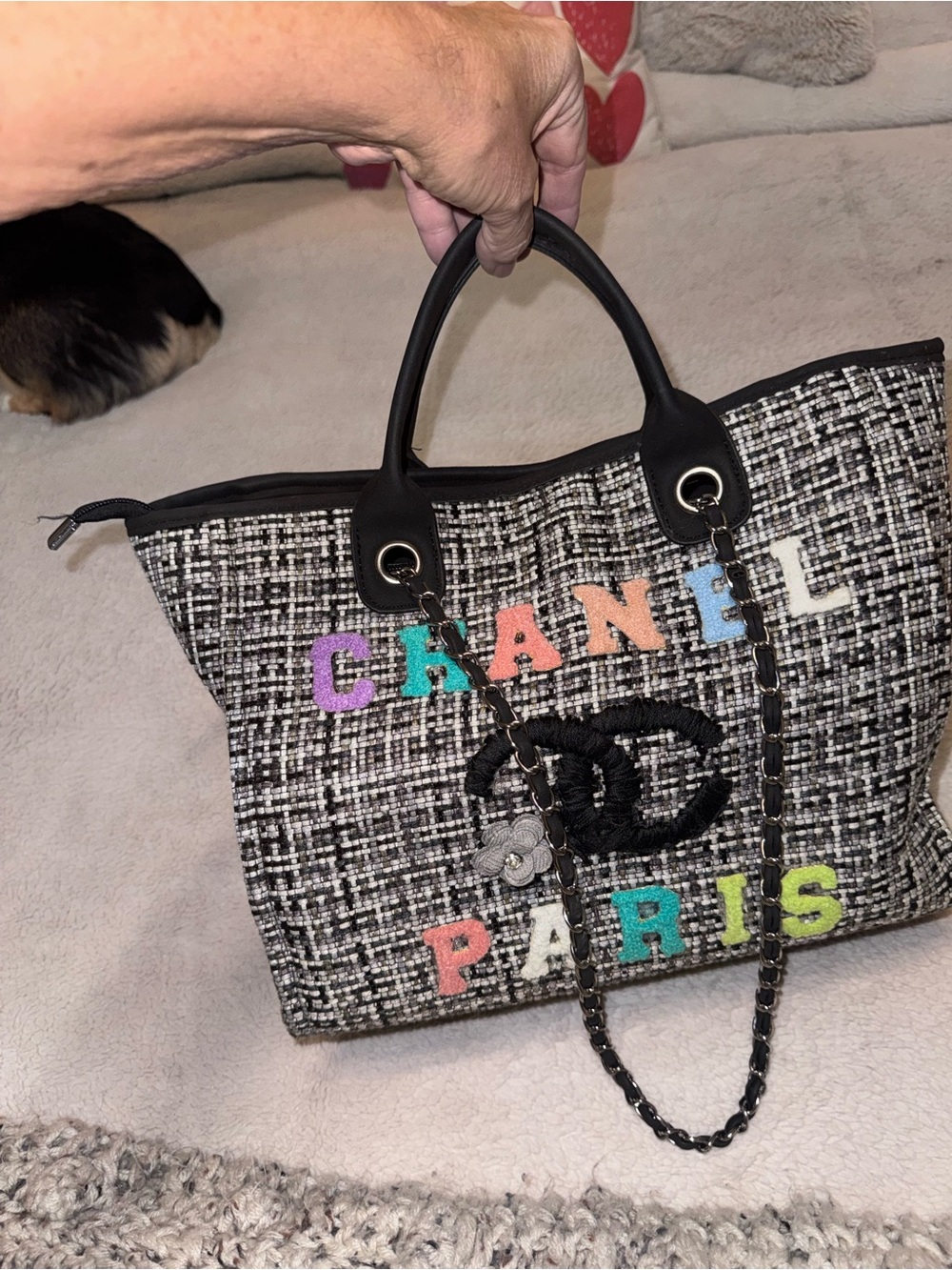 Black & White Tweed Tote with Multicolor Letter Accents